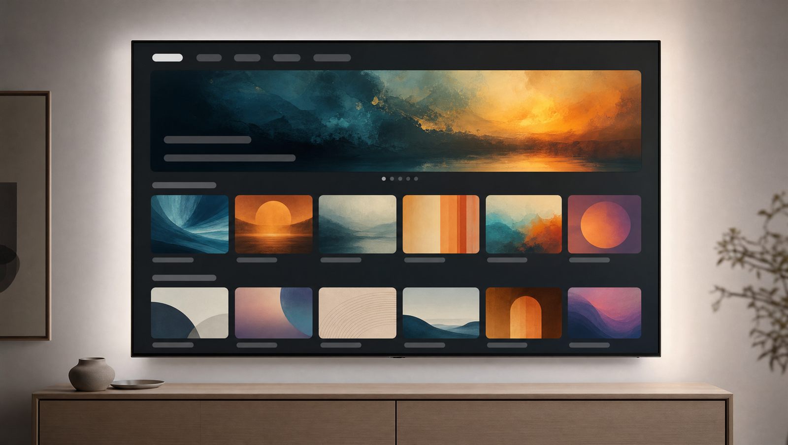 Tv som visar ett bibliotek med filmer och serier i ett minimalistiskt vardagsrum