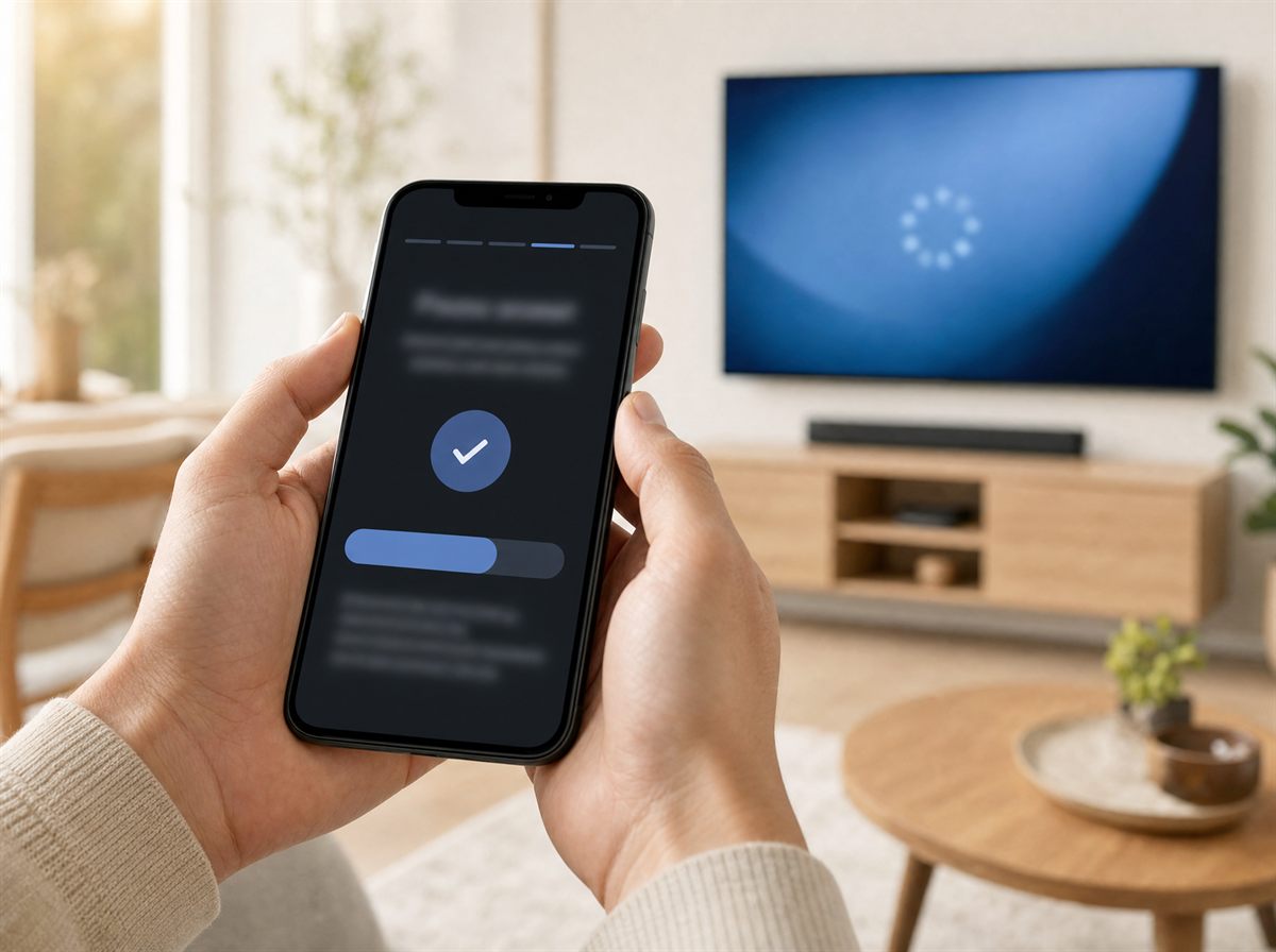 Händer som håller en mobil med en installationsguide framför en tv i ett ljust vardagsrum