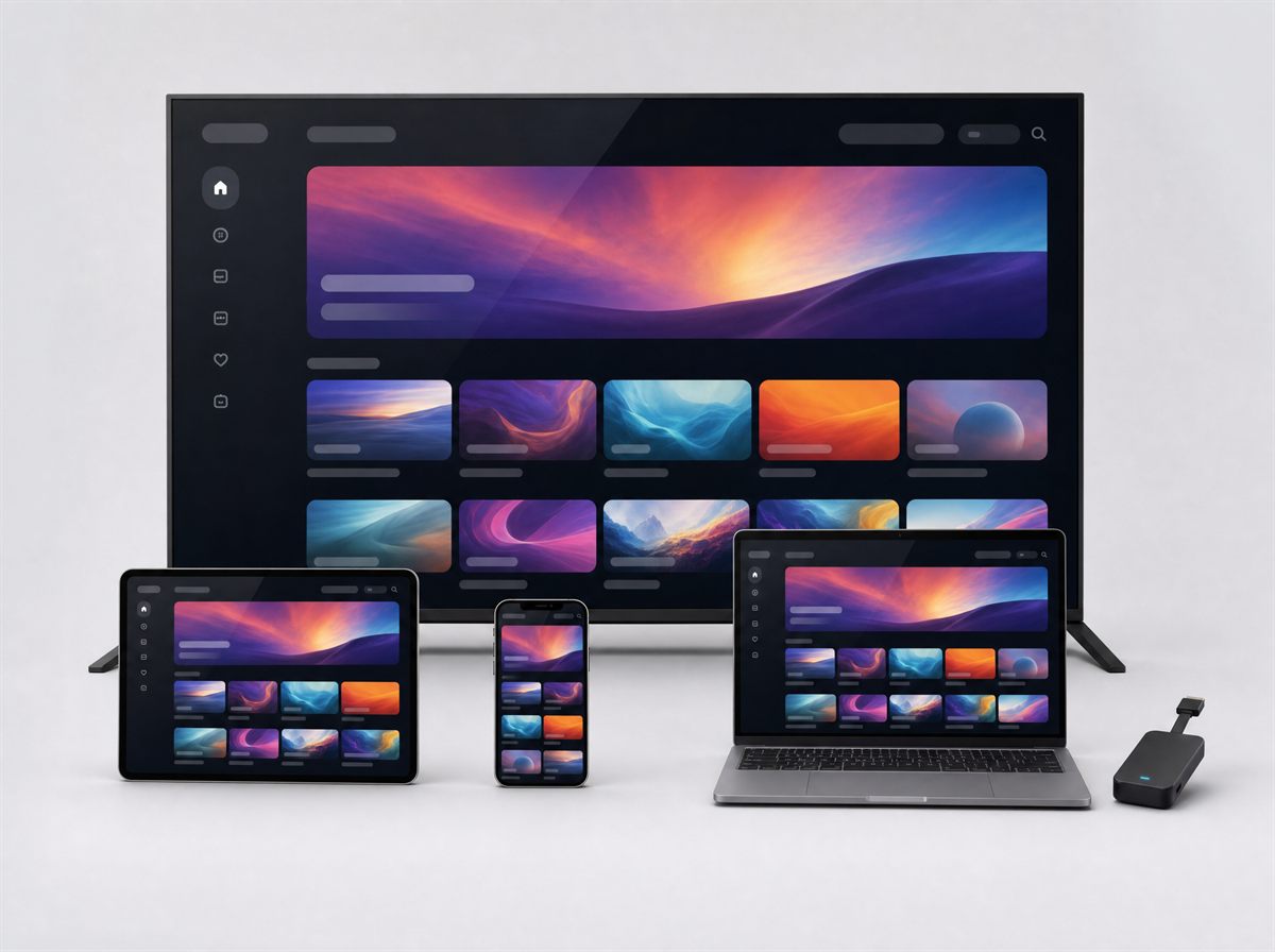 Smart TV, surfplatta, mobil, laptop och streamingsticka som alla visar samma strömningsgränssnitt