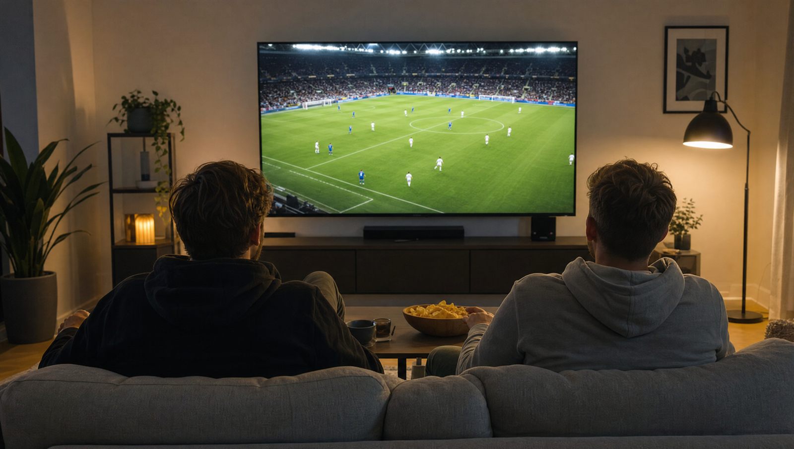 Två vänner ser en fotbollsmatch på tv i en svensk lägenhet på kvällen