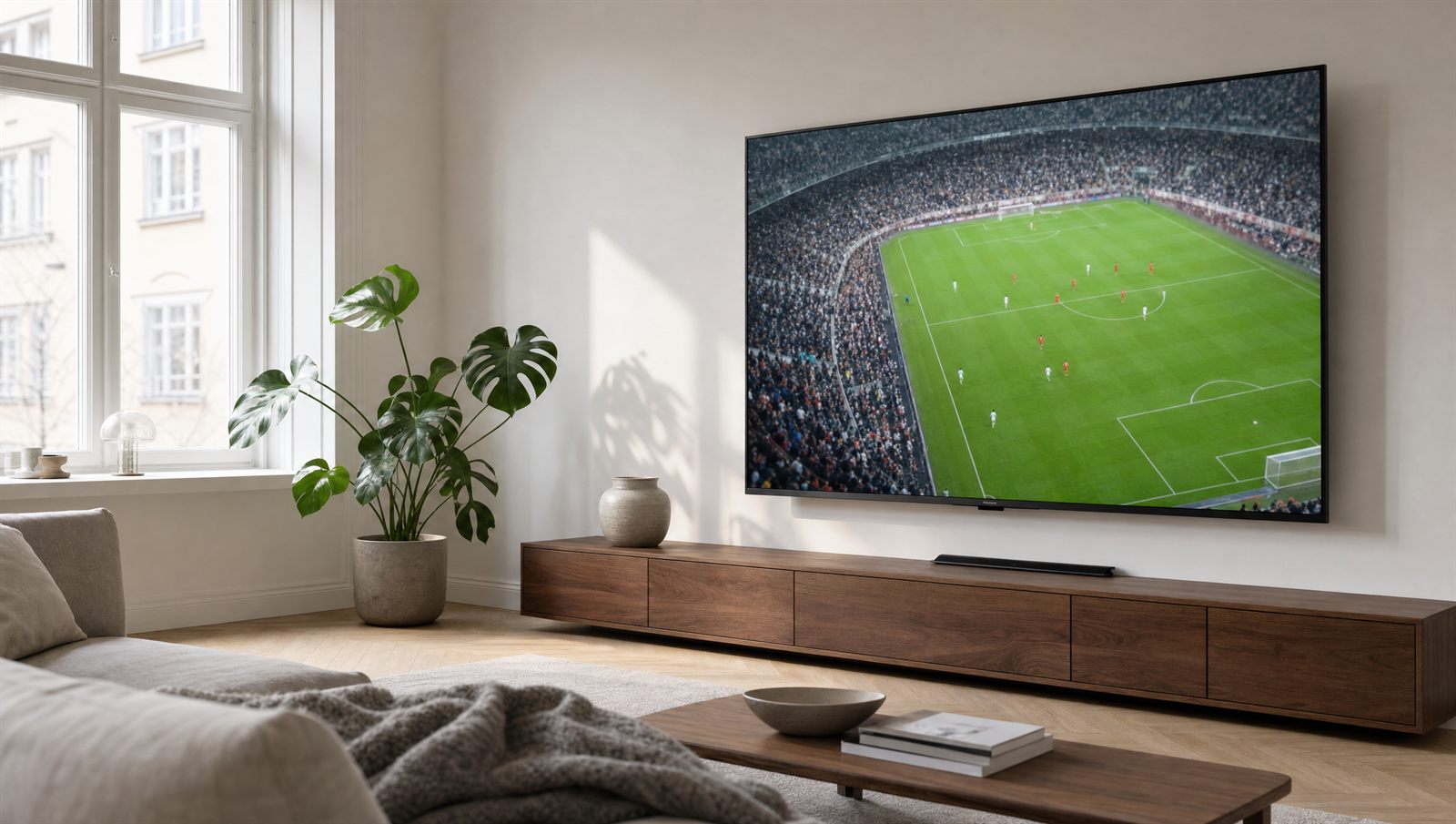 Ljust svenskt vardagsrum där en fotbollsmatch strömmas på en väggmonterad tv