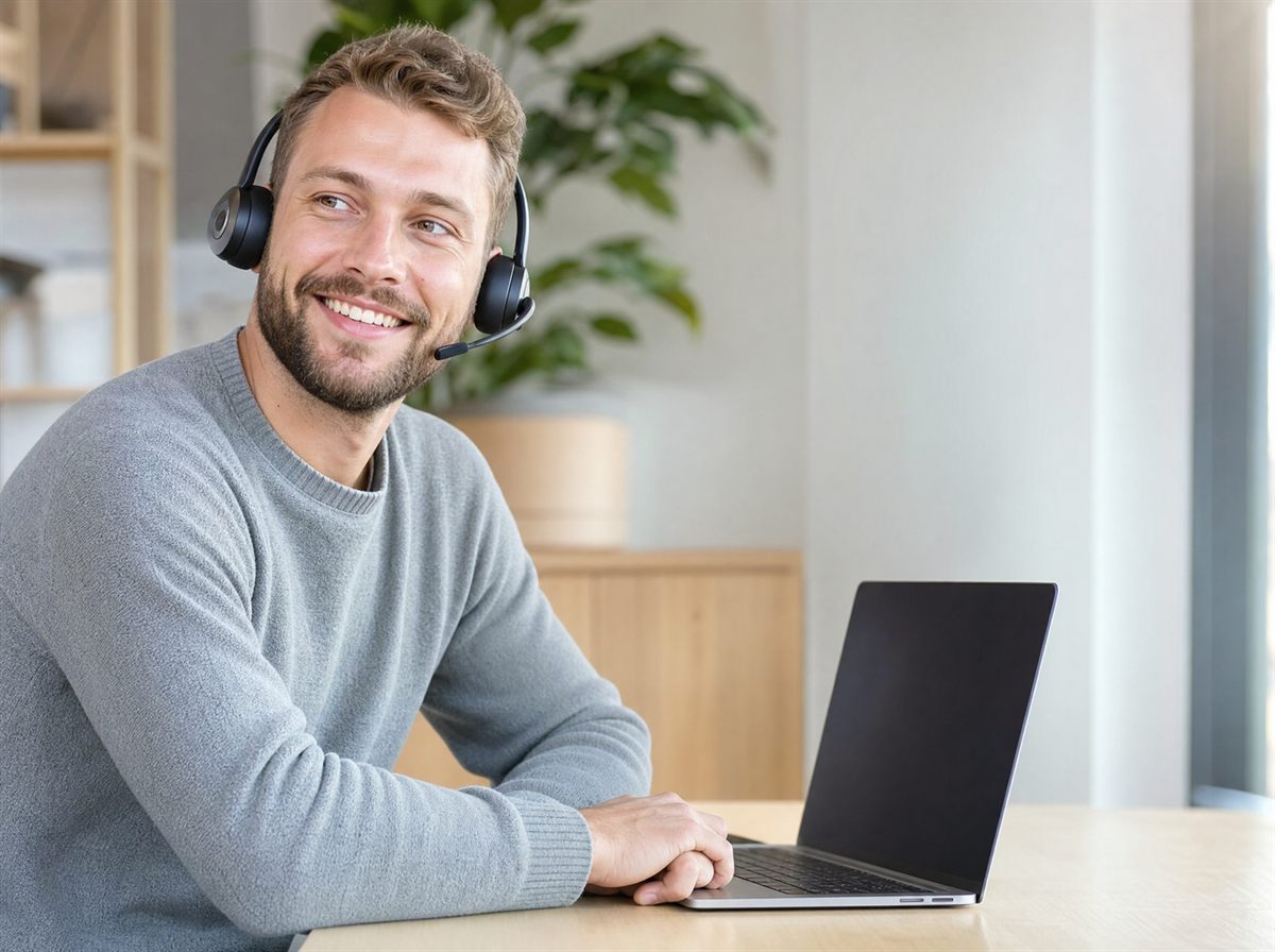 Kundtjänstmedarbetare med headset som hjälper en kund från ett ljust nordiskt kontor